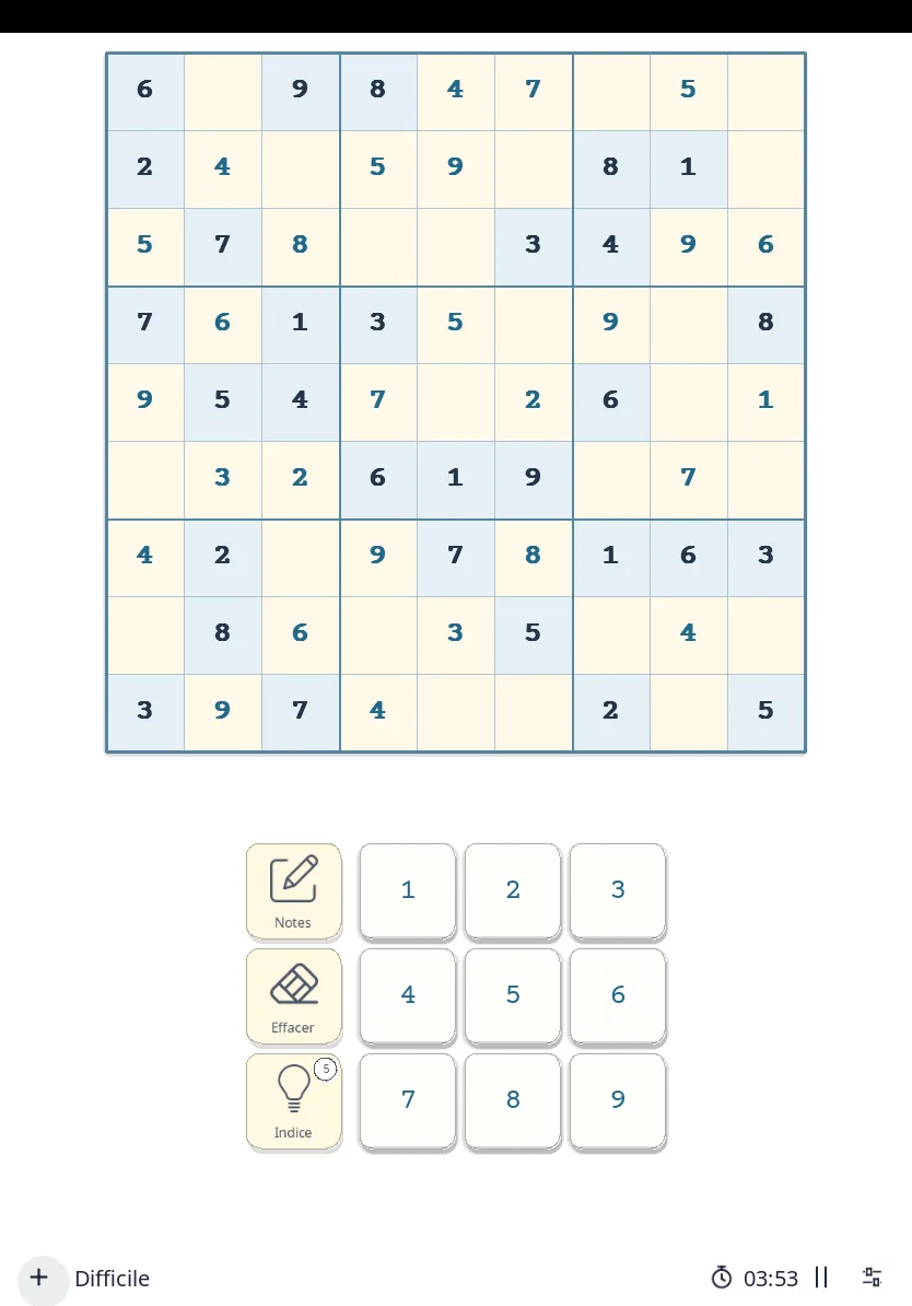 La même partie Difficile dans l’app Sudoku sur tablette, thème clair : grande grille centrée, boutons Notes, Effacer et Indice et pavé de chiffres dessous.