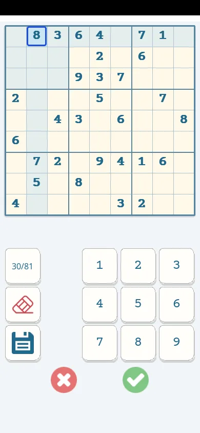 Écran de création d’une grille dans l’app Sudoku sur téléphone : les chiffres donnés saisis et leur compteur, à gauche du pavé de chiffres une gomme et un bouton d’enregistrement, en dessous une croix pour abandonner et une coche pour valider.